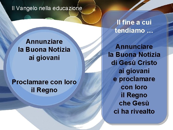 Il Vangelo nella educazione Il fine a cui tendiamo … Annunziare la Buona Notizia