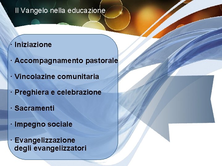 Il Vangelo nella educazione · Iniziazione · Accompagnamento pastorale · Vincolazine comunitaria · Preghiera