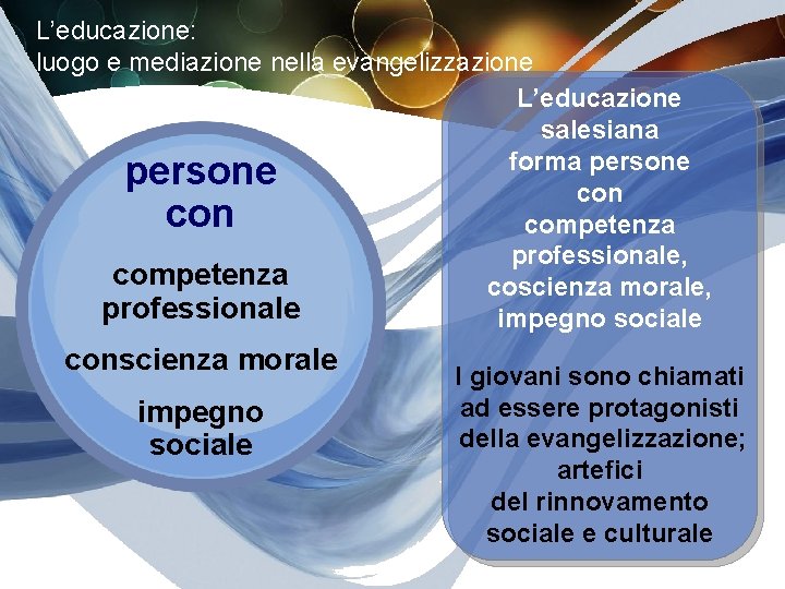 L’educazione: luogo e mediazione nella evangelizzazione L’educazione salesiana forma persone con competenza professionale, competenza