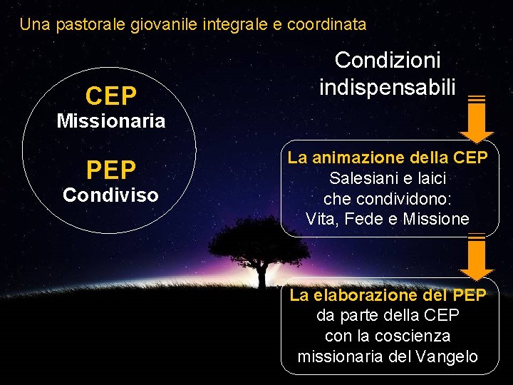 Una pastorale giovanile integrale e coordinata CEP Condizioni indispensabili Missionaria PEP Condiviso La animazione