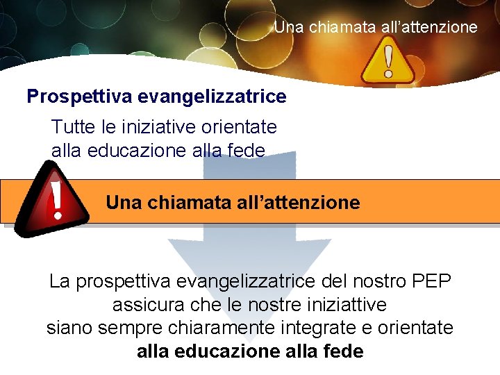 Una chiamata all’attenzione Prospettiva evangelizzatrice Tutte le iniziative orientate alla educazione alla fede Una