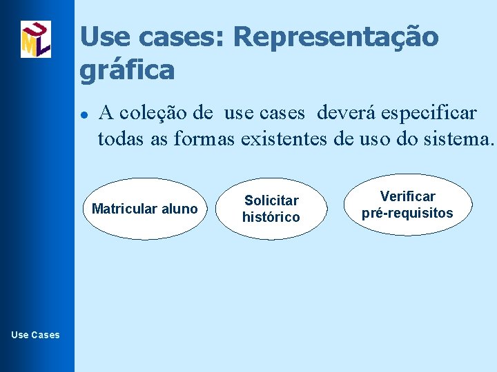 Use cases: Representação gráfica l A coleção de use cases deverá especificar todas as