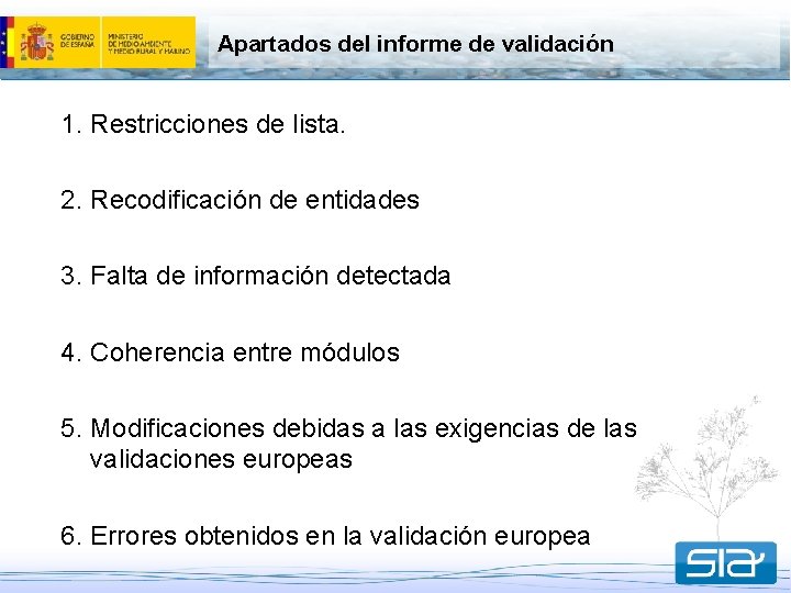 Apartados del informe de validación 1. Restricciones de lista. 2. Recodificación de entidades 3.