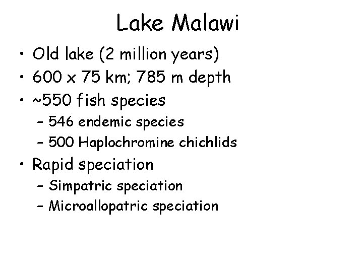 Lake Malawi • Old lake (2 million years) • 600 x 75 km; 785