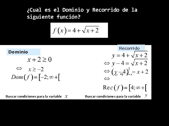 ¿Cual es el Dominio y Recorrido de la siguiente función? Dominio Buscar condiciones para