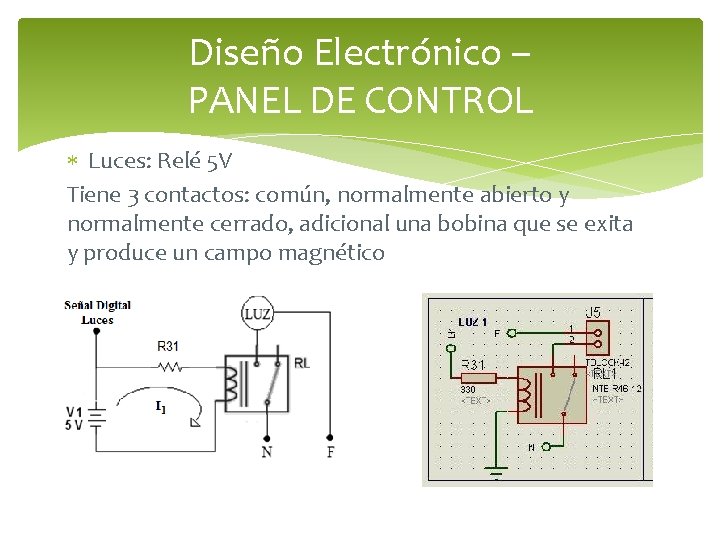 Diseño Electrónico – PANEL DE CONTROL Luces: Relé 5 V Tiene 3 contactos: común,