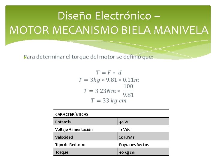 Diseño Electrónico – MOTOR MECANISMO BIELA MANIVELA CARACTERÍSTICAS Potencia 40 W Voltaje Alimentación 12