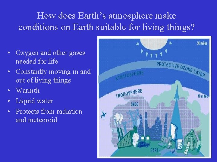 How does Earth’s atmosphere make conditions on Earth suitable for living things? • Oxygen How does Earth’s atmosphere make conditions on Earth suitable for living things? • Oxygen