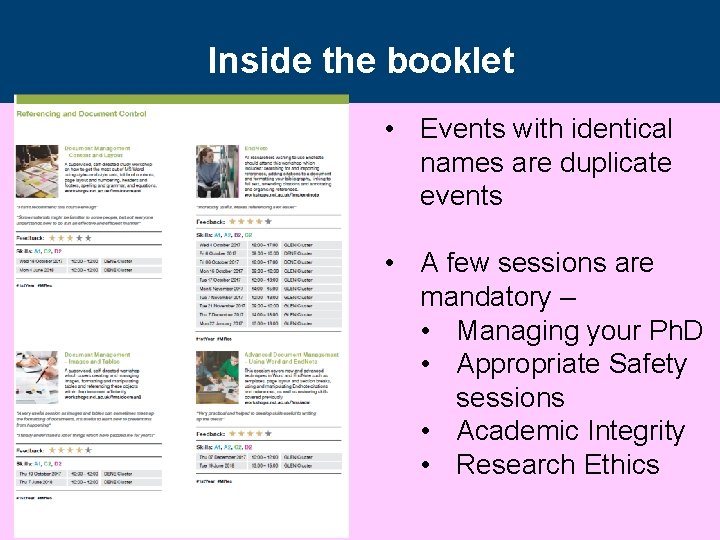 Inside the booklet • Events with identical names are duplicate events • A few Inside the booklet • Events with identical names are duplicate events • A few