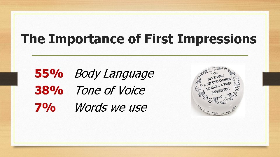 The Importance of First Impressions 55% Body Language 38% Tone of Voice 7% Words