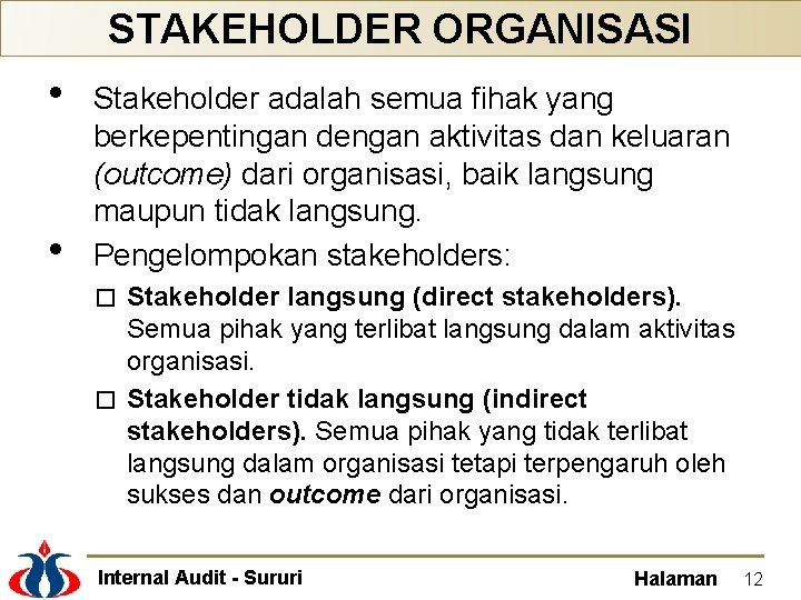 STAKEHOLDER ORGANISASI • • Stakeholder adalah semua fihak yang berkepentingan dengan aktivitas dan keluaran