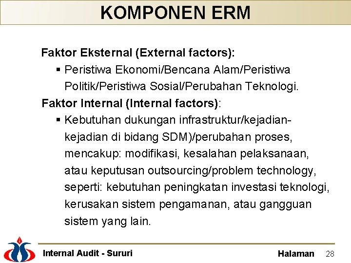 KOMPONEN ERM Faktor Eksternal (External factors): § Peristiwa Ekonomi/Bencana Alam/Peristiwa Politik/Peristiwa Sosial/Perubahan Teknologi. Faktor
