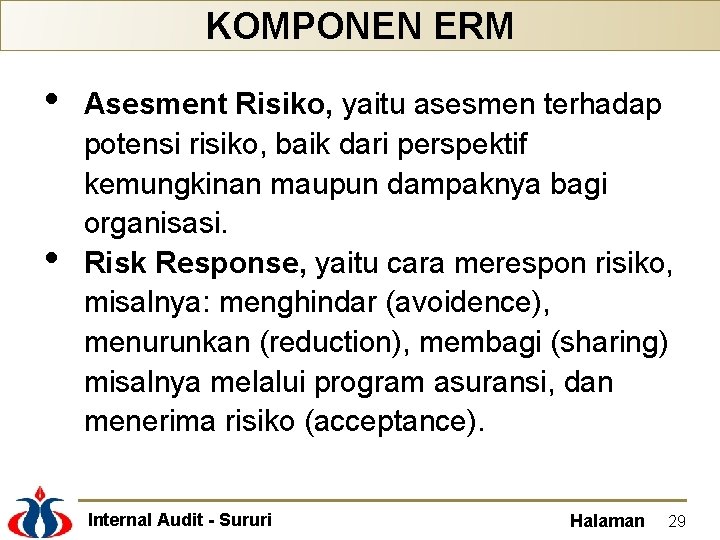 KOMPONEN ERM • • Asesment Risiko, yaitu asesmen terhadap potensi risiko, baik dari perspektif