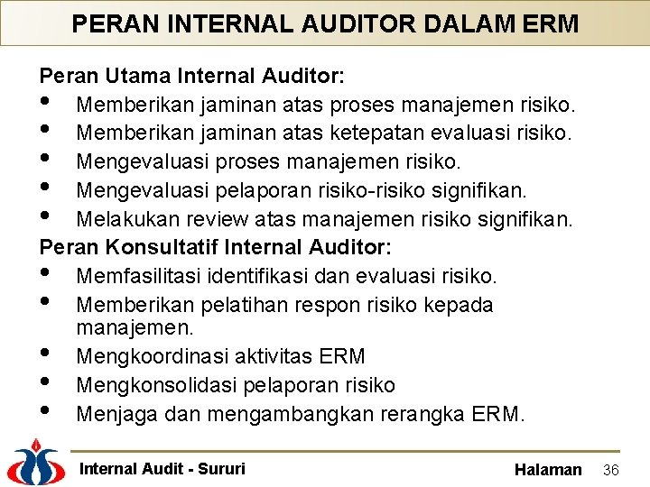 PERAN INTERNAL AUDITOR DALAM ERM Peran Utama Internal Auditor: • Memberikan jaminan atas proses