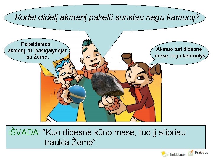 Kodėl didelį akmenį pakelti sunkiau negu kamuolį? Pakeldamas akmenį, tu “pasigalynėjai” su Žeme. Akmuo