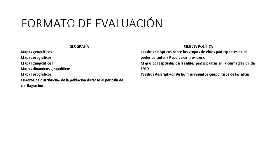 FORMATO DE EVALUACIÓN GEOGRAFÍA Mapas geográficos Mapas orográficos Mapas geopolíticos Mapas dinámicos geopolíticos Mapas