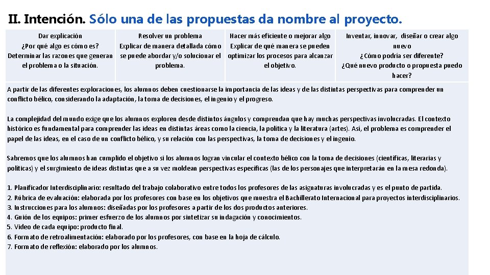 II. Intención. Sólo una de las propuestas da nombre al proyecto. Dar explicación Resolver