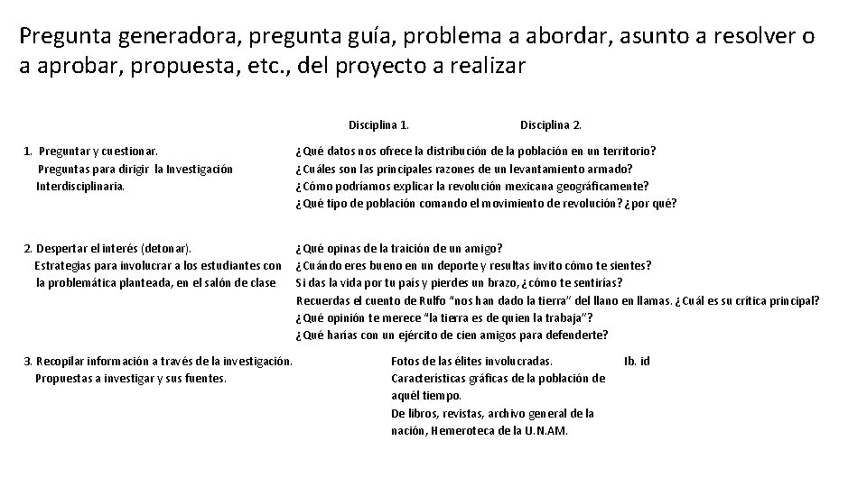Pregunta generadora, pregunta guía, problema a abordar, asunto a resolver o a aprobar, propuesta,