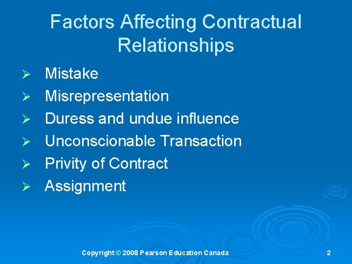 Factors Affecting Contractual Relationships Ø Ø Ø Mistake Misrepresentation Duress and undue influence Unconscionable Factors Affecting Contractual Relationships Ø Ø Ø Mistake Misrepresentation Duress and undue influence Unconscionable