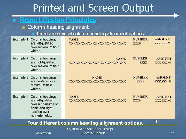 Printed and Screen Output n Report Design Principles n Column heading alignment n There