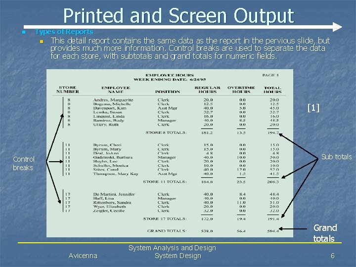 Printed and Screen Output n Types of Reports n This detail report contains the