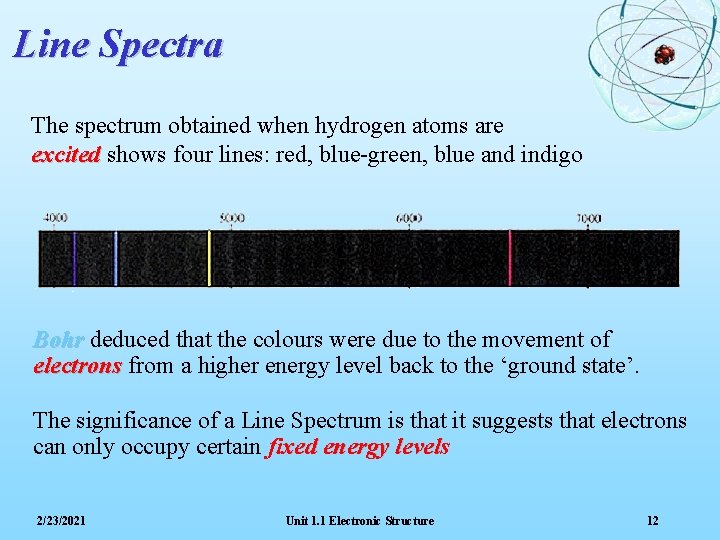 Line Spectra The spectrum obtained when hydrogen atoms are excited shows four lines: red,