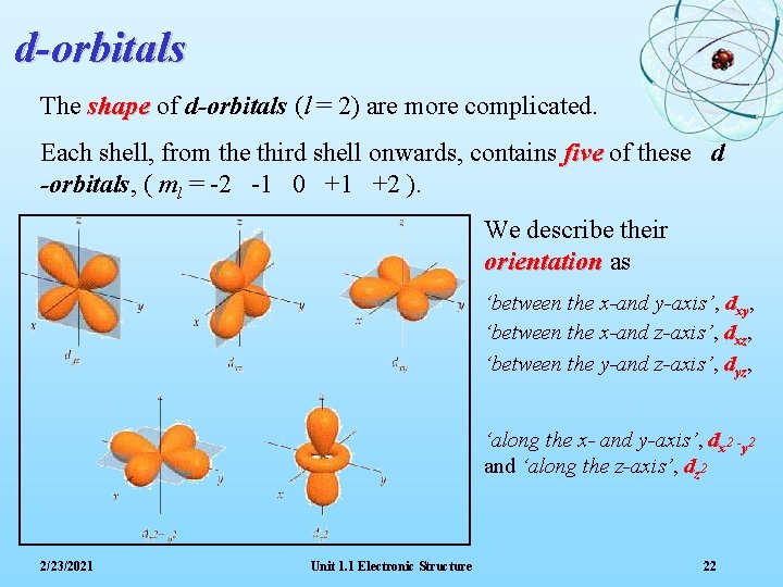 d-orbitals The shape of d-orbitals (l = 2) are more complicated. Each shell, from