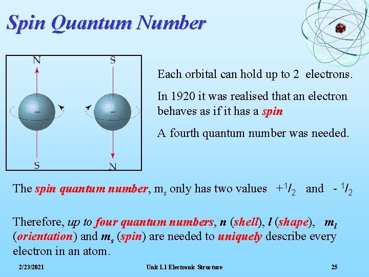 Spin Quantum Number Each orbital can hold up to 2 electrons. In 1920 it