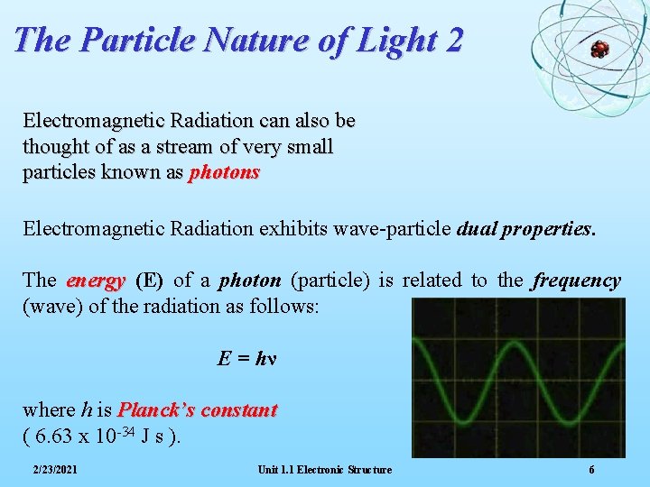 The Particle Nature of Light 2 Electromagnetic Radiation can also be thought of as