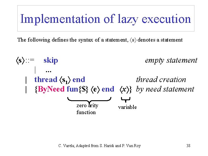 Implementation of lazy execution The following defines the syntax of a statement, s denotes Implementation of lazy execution The following defines the syntax of a statement, s denotes