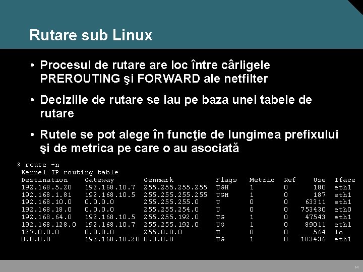 Rutare sub Linux • Procesul de rutare loc între cârligele PREROUTING şi FORWARD ale