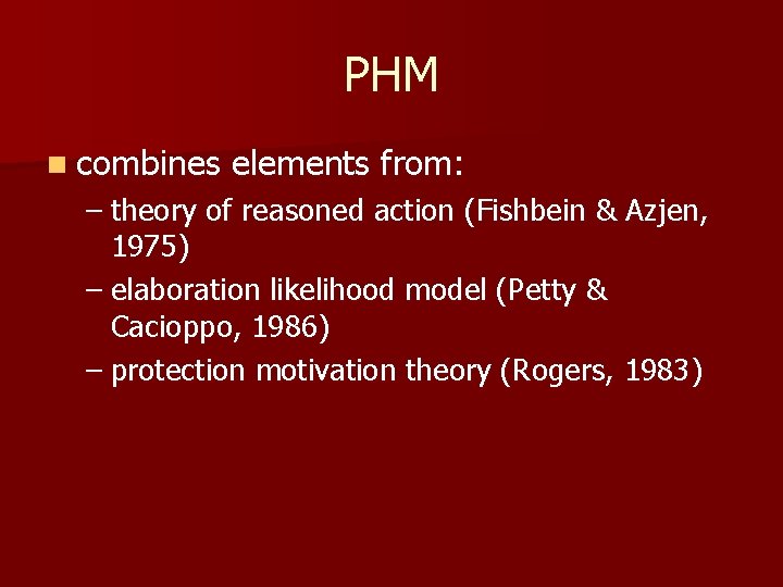 PHM n combines elements from: – theory of reasoned action (Fishbein & Azjen, 1975)