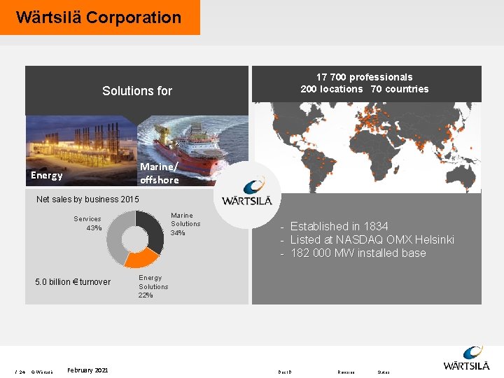 Wärtsilä Corporation 17 700 professionals 200 locations 70 countries Solutions for Marine/ offshore Energy