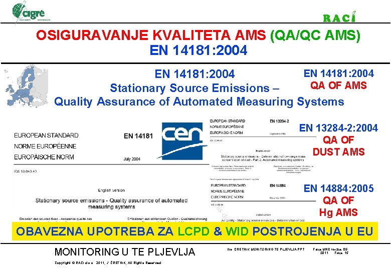 OSIGURAVANJE KVALITETA AMS (QA/QC AMS) EN 14181: 2004 QA OF AMS Stationary Source Emissions