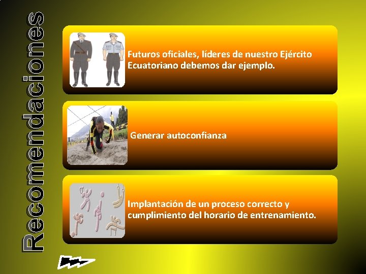 Recomendaciones Futuros oficiales, líderes de nuestro Ejército Ecuatoriano debemos dar ejemplo. Generar autoconfianza Implantación