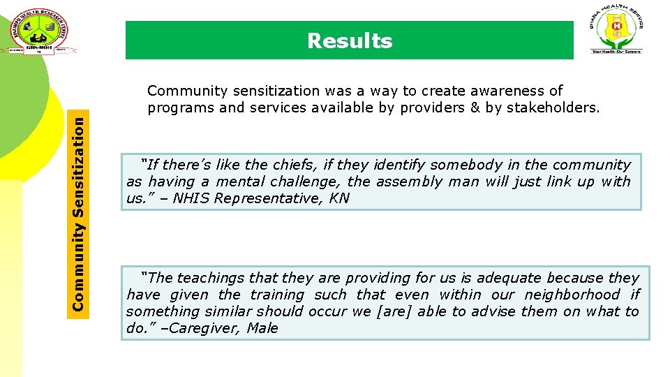 Results Community Sensitization Community sensitization was a way to create awareness of programs and