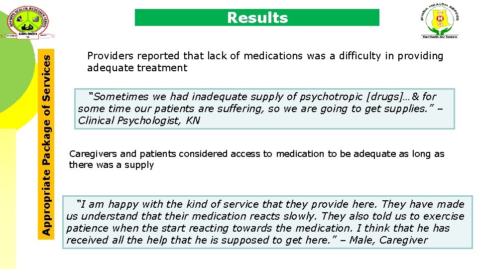 Appropriate Package of Services Results Providers reported that lack of medications was a difficulty