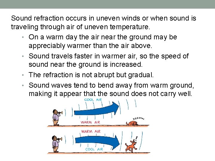 Sound refraction occurs in uneven winds or when sound is traveling through air of