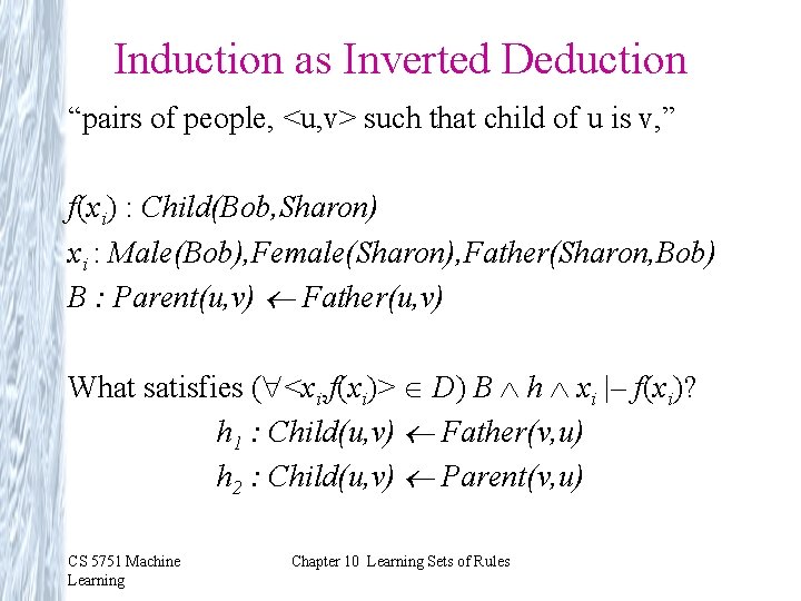 Induction as Inverted Deduction “pairs of people, <u, v> such that child of u