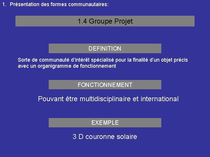 1. Présentation des formes communautaires: 1. 4 Groupe Projet DEFINITION Sorte de communauté d’intérêt