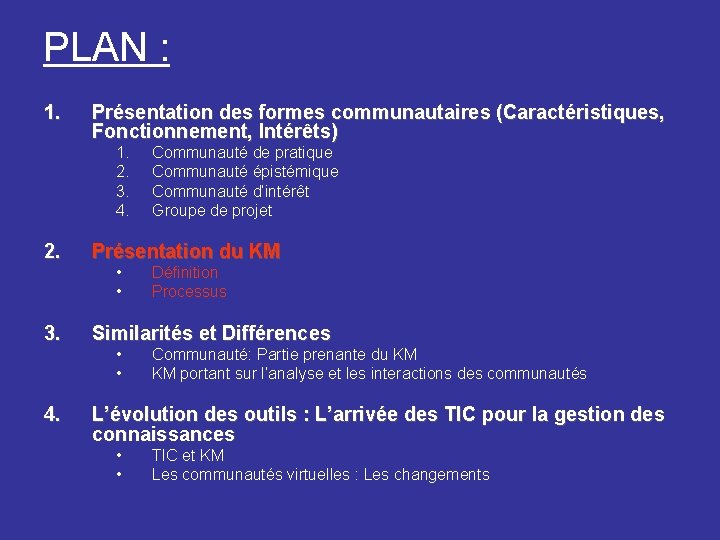 PLAN : 1. Présentation des formes communautaires (Caractéristiques, Fonctionnement, Intérêts) 1. 2. 3. 4.