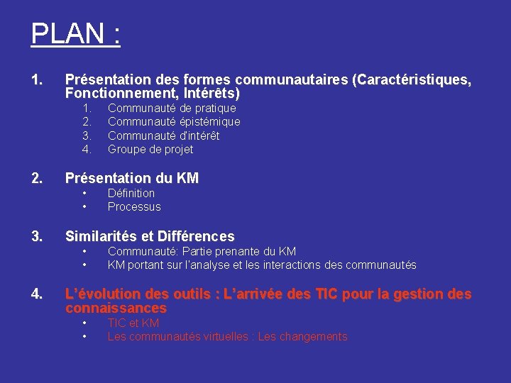 PLAN : 1. Présentation des formes communautaires (Caractéristiques, Fonctionnement, Intérêts) 1. 2. 3. 4.