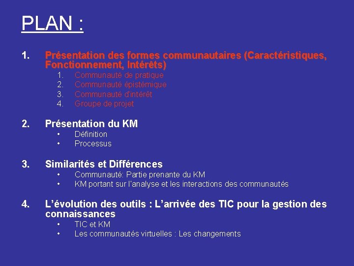 PLAN : 1. Présentation des formes communautaires (Caractéristiques, Fonctionnement, Intérêts) 1. 2. 3. 4.