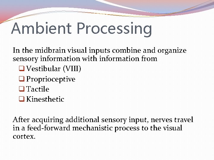 Ambient Processing In the midbrain visual inputs combine and organize sensory information with information