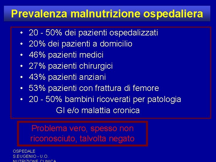 Prevalenza malnutrizione ospedaliera • • 20 - 50% dei pazienti ospedalizzati 20% dei pazienti Prevalenza malnutrizione ospedaliera • • 20 - 50% dei pazienti ospedalizzati 20% dei pazienti