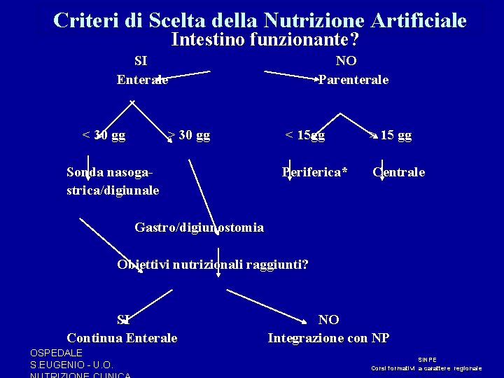 Criteri di Scelta della Nutrizione Artificiale Intestino funzionante? SI NO Enterale Parenterale < 30 Criteri di Scelta della Nutrizione Artificiale Intestino funzionante? SI NO Enterale Parenterale < 30