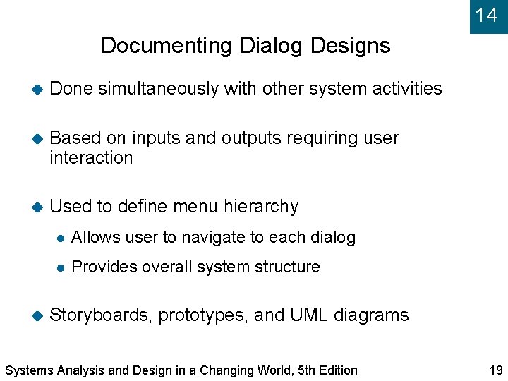 14 Documenting Dialog Designs Done simultaneously with other system activities Based on inputs and