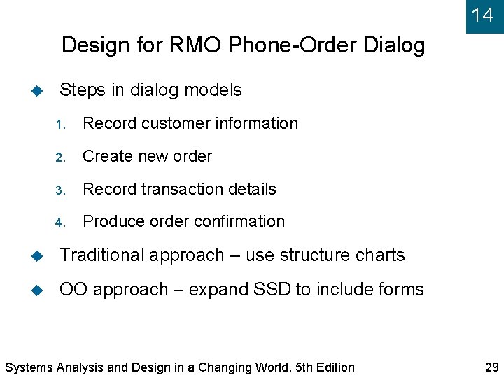 14 Design for RMO Phone-Order Dialog Steps in dialog models 1. Record customer information