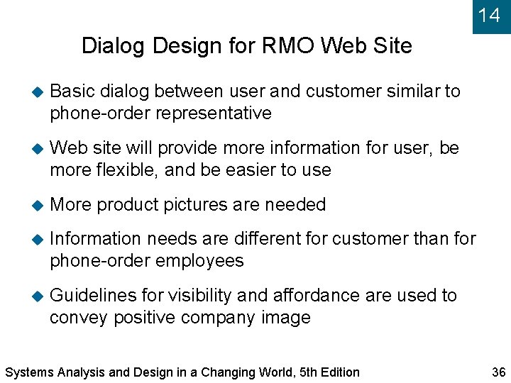 14 Dialog Design for RMO Web Site Basic dialog between user and customer similar