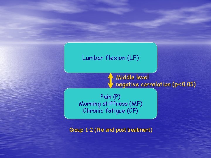 Lumbar flexion (LF) Middle level negative correlation (p<0. 05) Pain (P) Morning stiffness (MF)